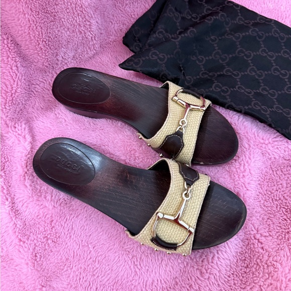 GUCCI TAN LINEN HORSE BIT PEEP TOE WOODEN CLOGS SIZE 6 - Picture 6 of 6